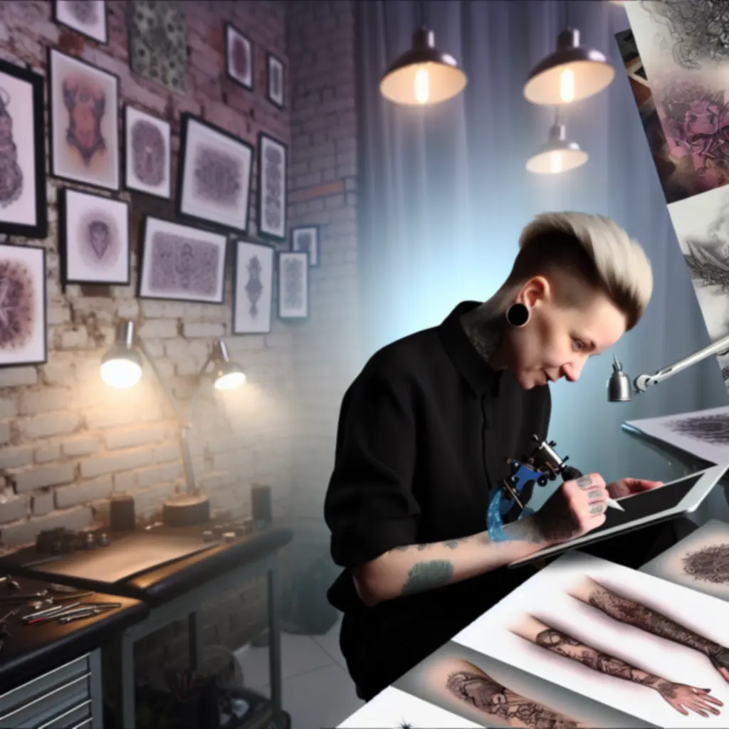 Tetoválóművész portréja munka közben, modern, letisztult környezetben.