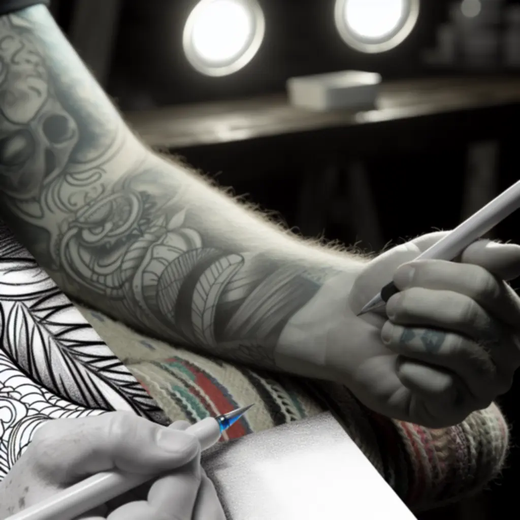 Részlet egy precízen kidolgozott fekete-fehér tetoválásról az Inkmasteertattoo stúdióban.