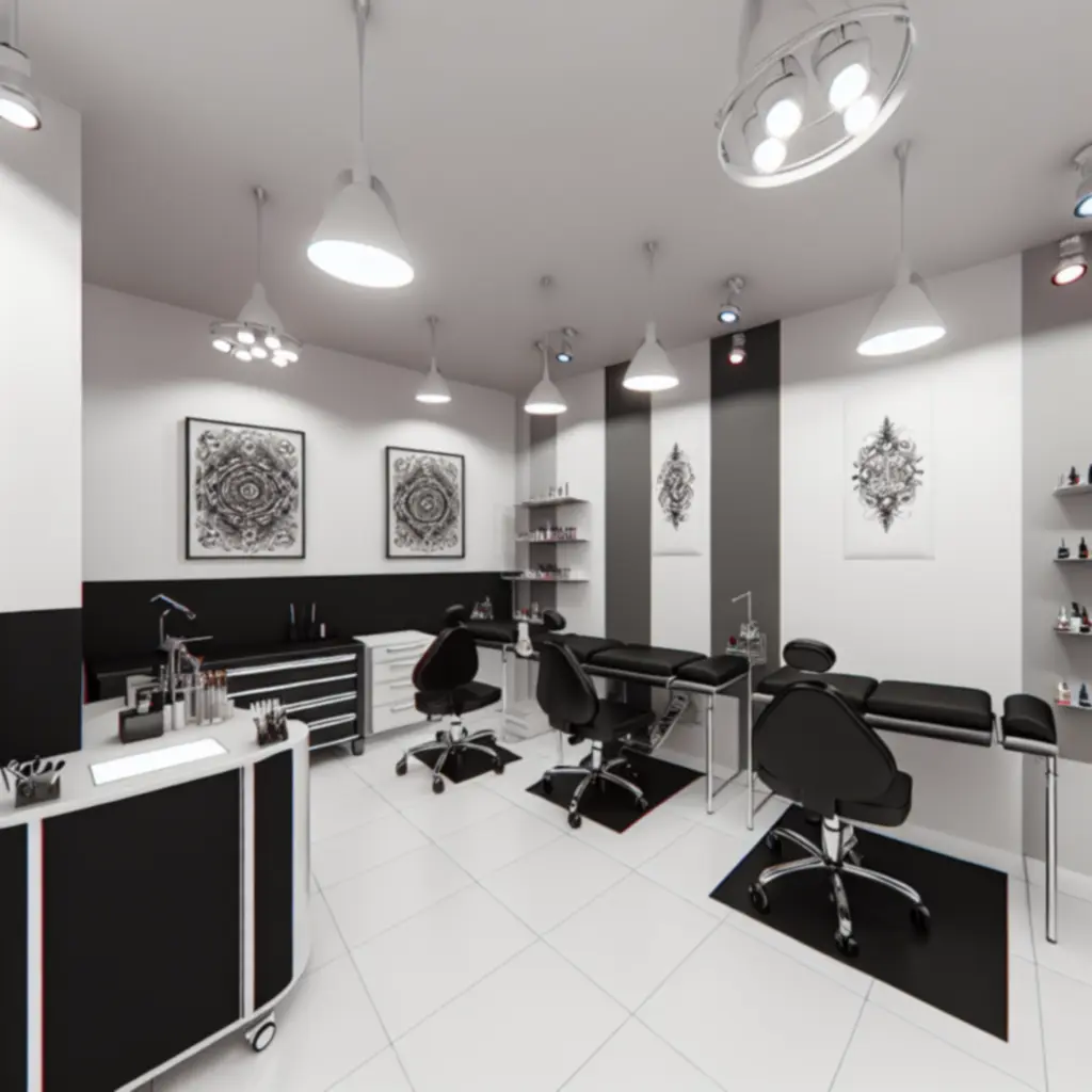 Modern, hangulatos tetoválóstúdió enteriőr