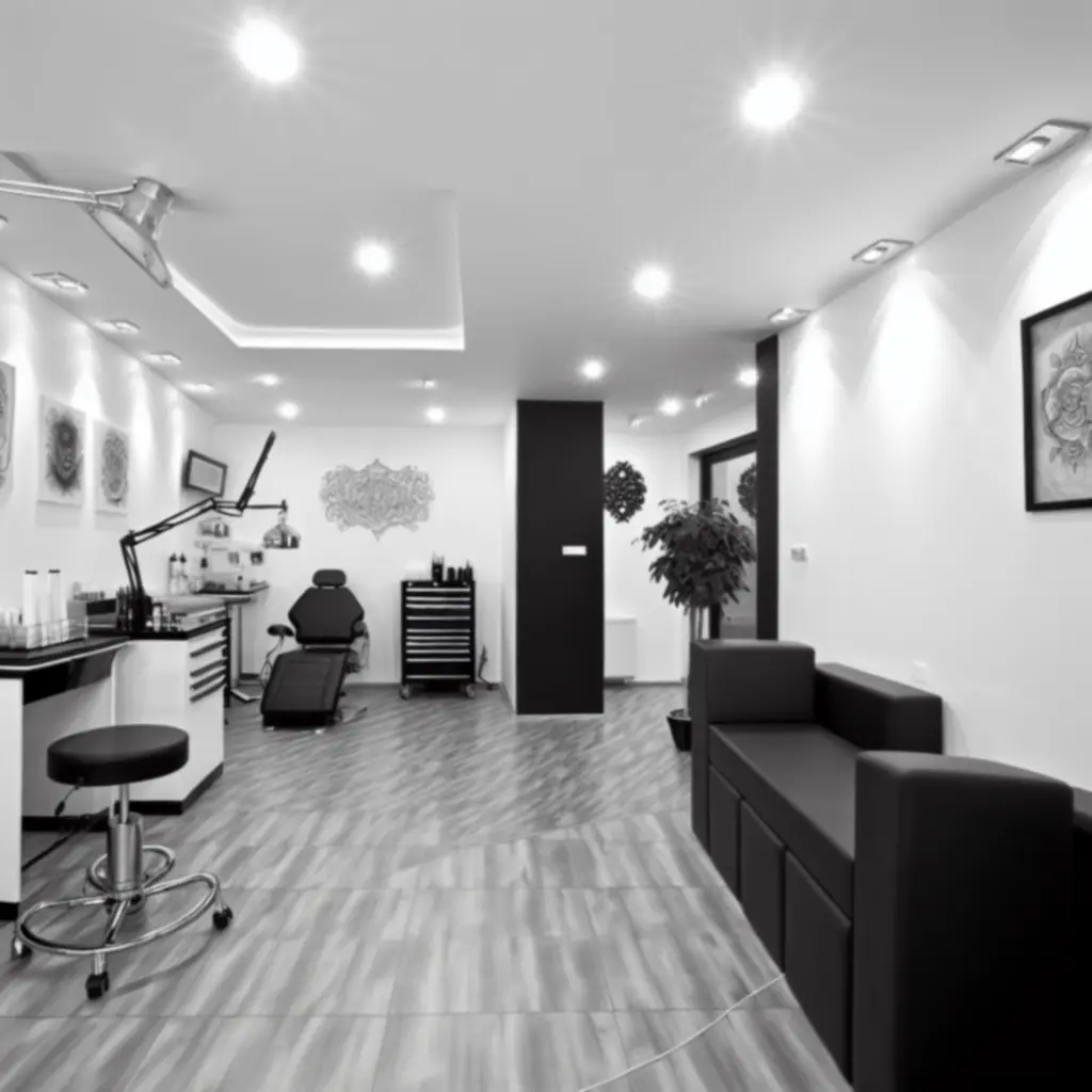 Világos, modern tetoválóstúdió belső tere az Inkmasteertattoo-ban