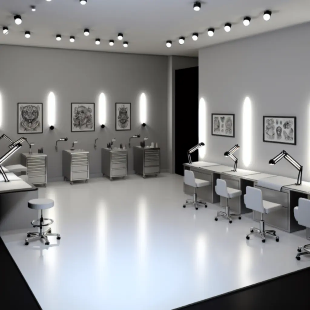 Letisztult, modern tetováló stúdió belső tér, fekete-fehér elemekkel és kényelmes vendégszékkel