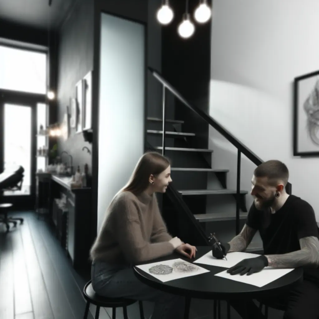 Tetoválóművész és vendég konzultáció közben az Inkmasteertattoo stúdióban.