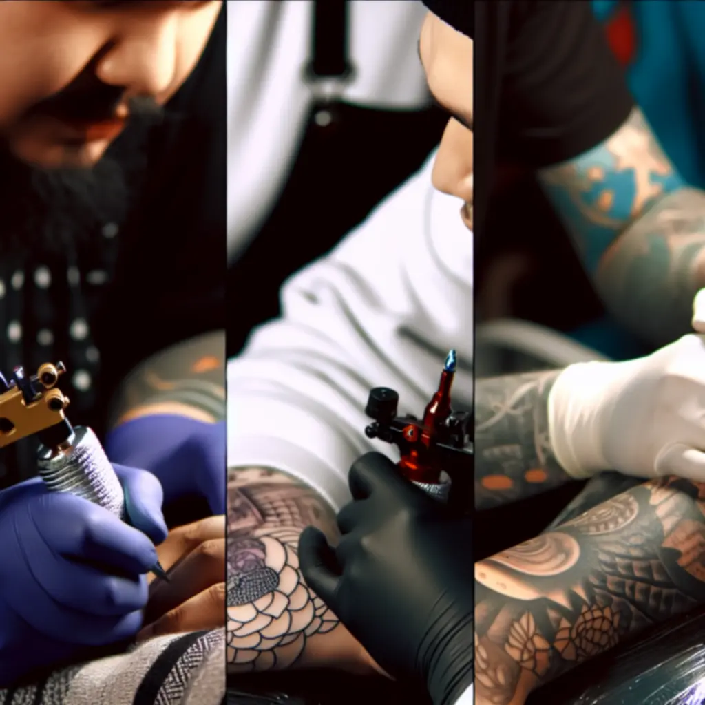 Tetoválóművészek részletes, fekete-fehér tetoválásokat készítenek, portfóliójukból kivágott jelenet