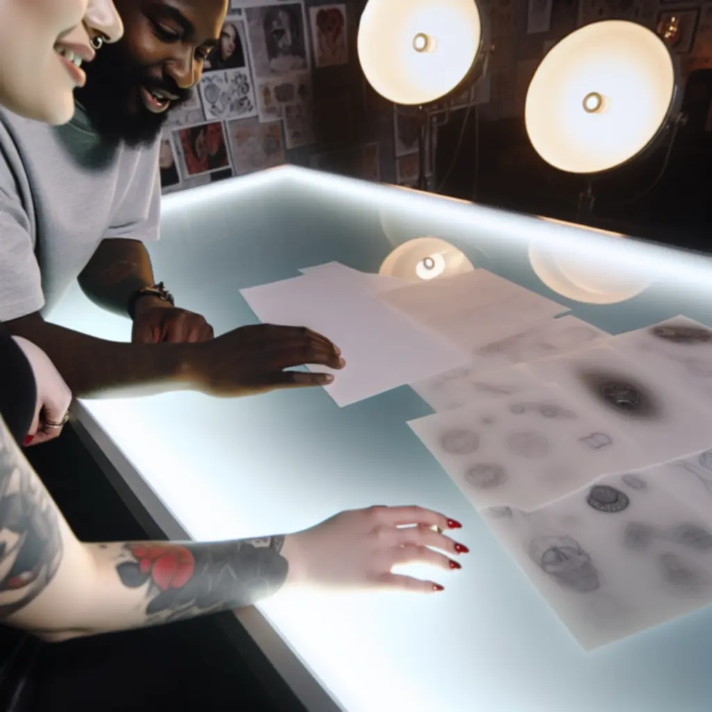 Tetoválás tervrajzok és skiccek az Inkmasteertattoo stúdió konzultációs asztalán.